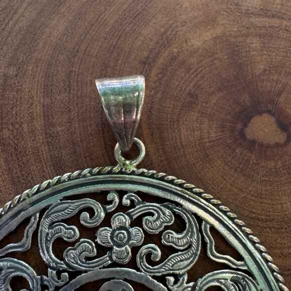 Vintage Sterling Silver Lotus Mandala Pendant Turquoise Boho Statement Festival - Picture 4 of 11